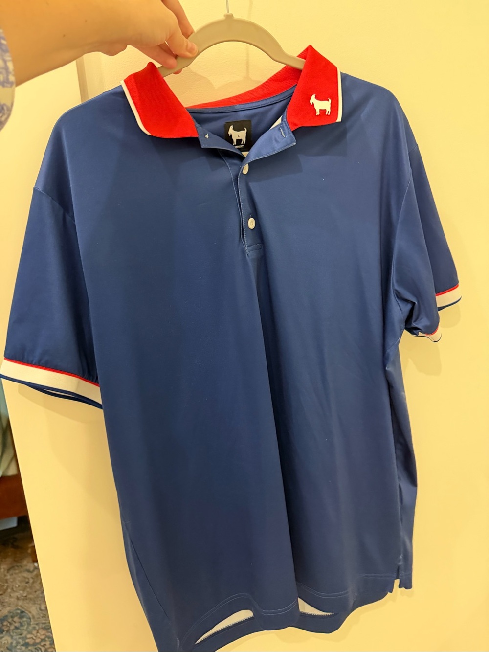 Men's Blue Polo with Red Contrast Collar and Dog Emblem
